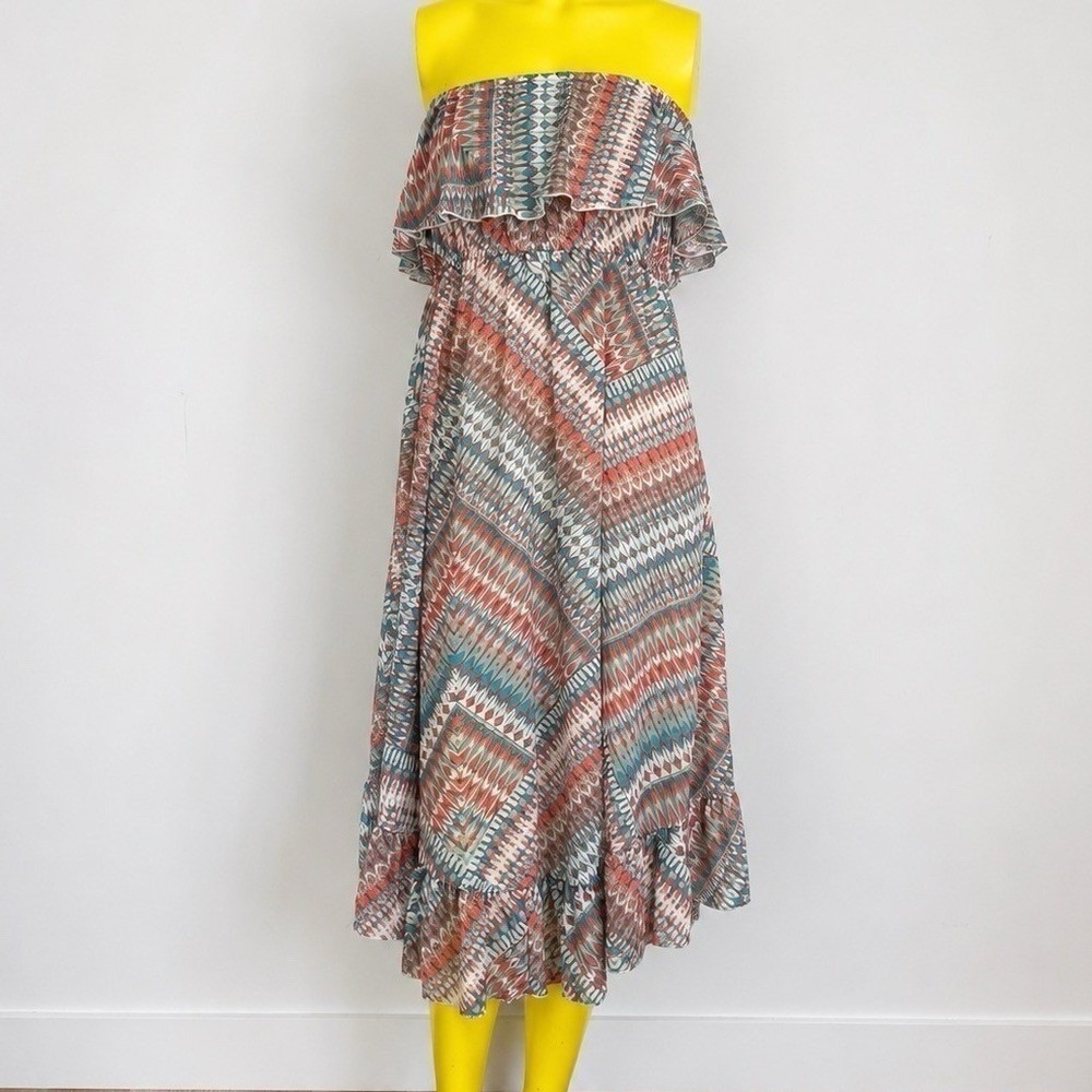Boho Off-the-Shoulder Geometric Print Maxi Dress | Coral & Turquoise Ruffle Hem